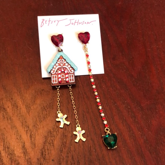 Betsey Johnson Jingle Bell Bling Gingerbread House Heart Mismatch Drop Earrings - Picture 3 of 14